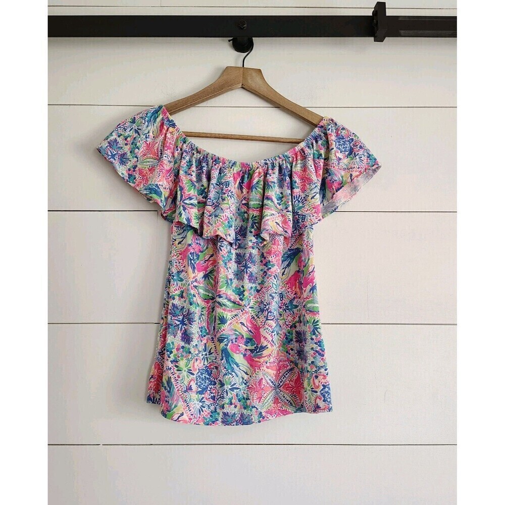 Lilly Pulitzer Off Shoulder Ruffle Top Womens Size XXS Tropical Print Colorful - Picture 5 of 10